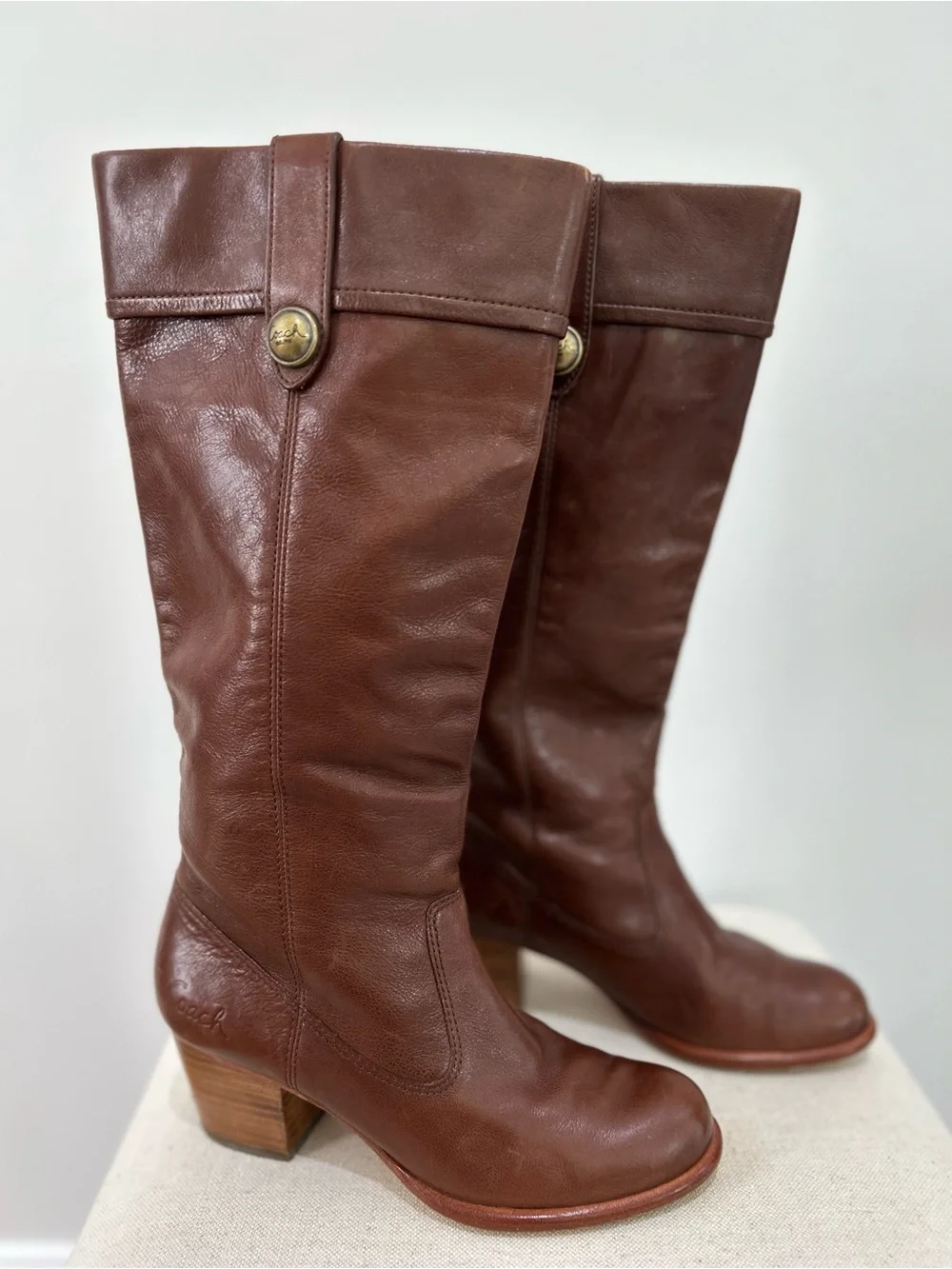 Coach Fayth Leather Riding Boot Chestnut Brown Size 7 B Classic Old Money